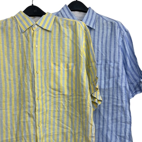 (LOT OF 2) Ermenegildo Zegna Linen Mens XL Yellow Blue Striped Short Sleeve
